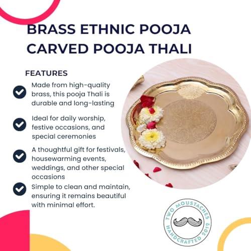 Image of Two Moustaches 11 Inches Ethnic Carved Brass Puja Thali, Traditional Pooja Aarti Thali for Home Temple, Brass Pooja Thali, Gifts for Puja Ceremony, Housewarming Gifts, Pooja Plate, Golden, Pack of 1