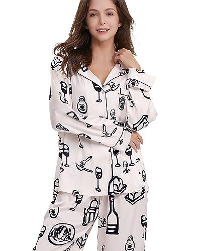Image of YiNi LuLu Womens Silk Satin Pajamas Set Button Down 2 Piece Pjs Long Sleeve Oversized Sleepwear with Pockets
