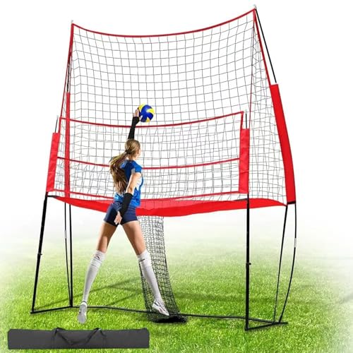 高さ調節とボールリターン機能付きバレーボールトレーニング器具、11x8フィートの練習用具ネット、シューティングとサーブ用、屋外と屋内のバレーボールネット、裏庭、ビーチ、中庭用(Red)