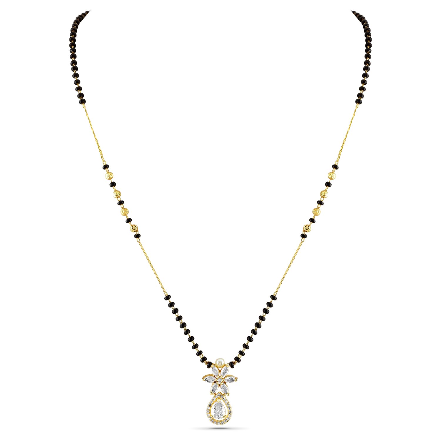 18K Gold-Plated White Cubic Zirconia Studded Floral & Teardrop Pendant Mangalsutra with Black & Gold Beaded Chain for Women & Girls – Elegant Daily & Festivals