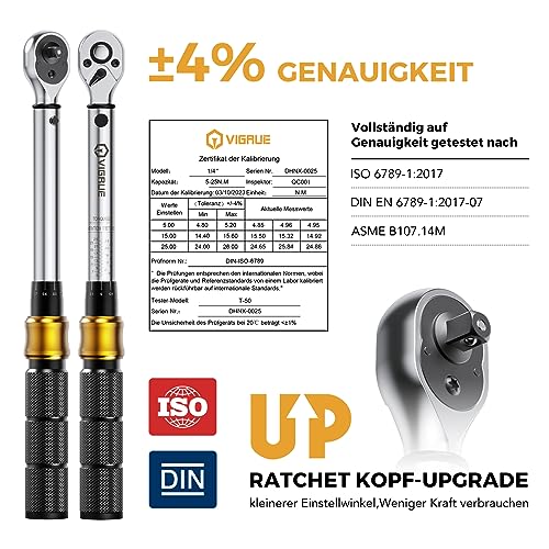 Drehmomentschlüssel Fahrrad 5-25 Nm, VIGRUE Drehmomentschlüssel 1/4 Zoll, ±4% Genauigkeit, Torque...