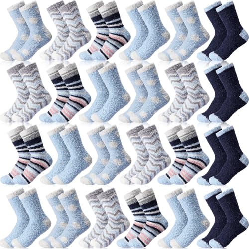 Handepo 24 Pairs Women Fuzzy Socks Bulk Winter Sleeping Slipper Socks Coral Fleece for Home Christmas Outdoor Gift