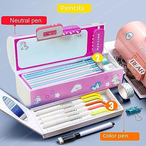 Image of LONGMIRE Plastic Pencil Box with Code Lock Pen Case Large Capacity Multi-Layer Multi-Function Storage Bag Secret Compartment Pencil Box for Kids- Multi-Color (Cute Pink)