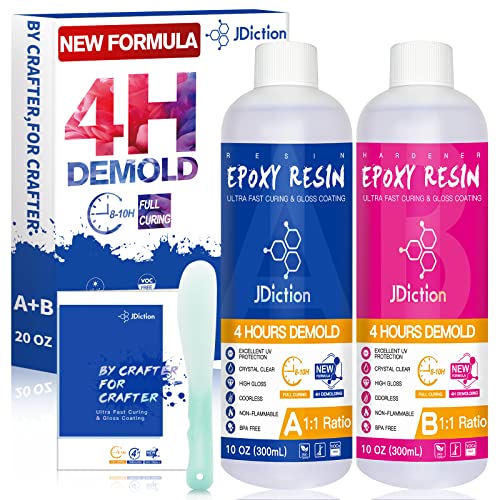 Epoxy Resin -20 OZ-4 Hours Demold, 8-10 Hours Fast Curing Epoxy Resin, Upgrade Formula, Epoxy Resin and Hardener Kit Crystal Clear for Art, Jewelry, Not Yellowing and Self Leveling Easy Mix 1:1 Resin