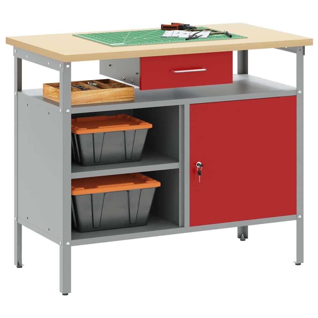 vidaXL Banco de Trabajo con cajón Rojo y Gris 100 x 55 x 85 cm, Mesa de Trabajo, Banco Industrial, Almacenamiento Duradero, Espacio para Reparar y ensamblar