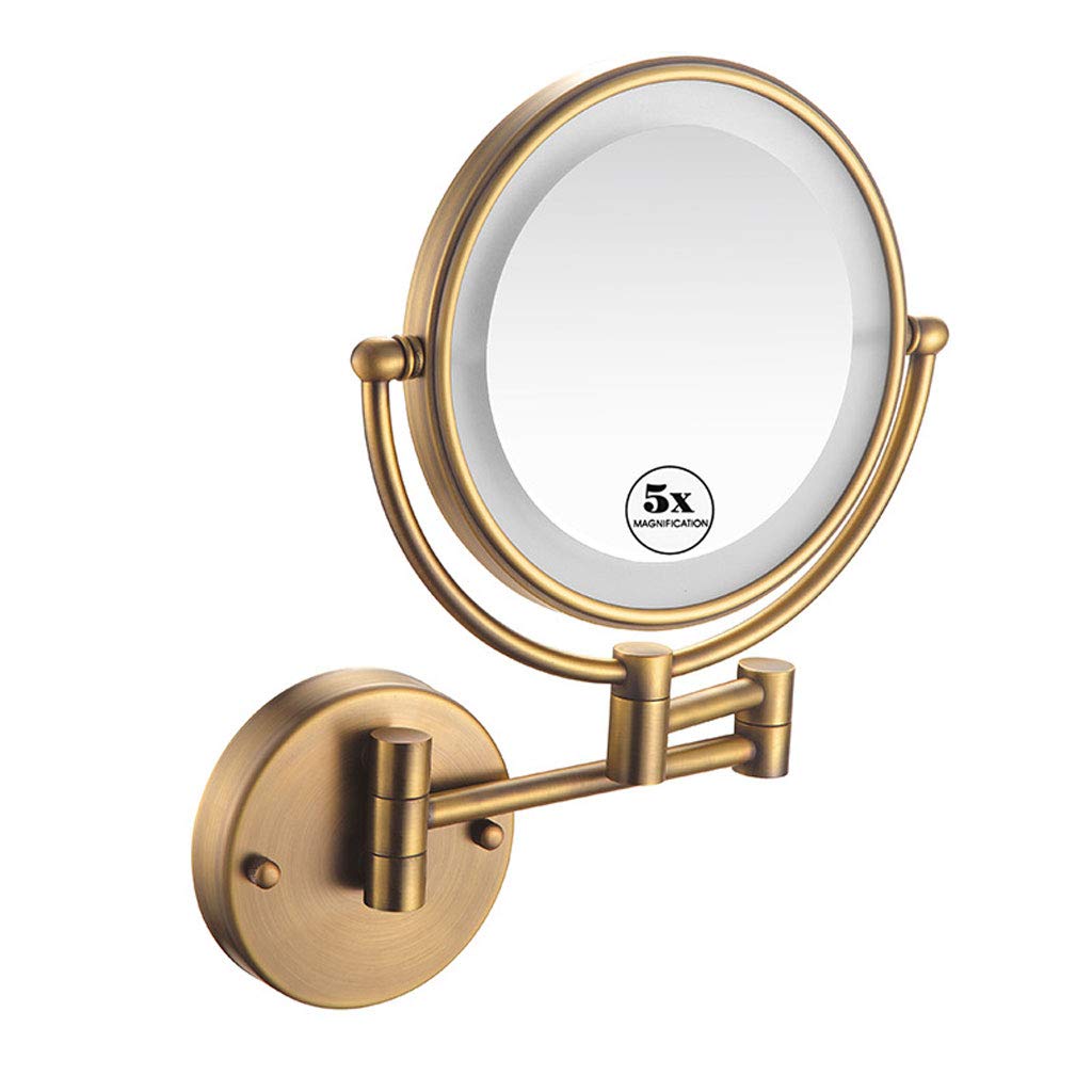 BWBW LED Lighted Wall Mount Makeup Mirror 5X Magnification 8-Inch, 360°Swivel 12" Extension Two-Side Retractable Makeup Mirror with Matte Gold Finish for Bathroom Bedroom