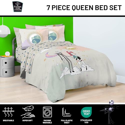 Image of Disney Nightmare Before Christmas Queen Comforter Set 7 Piece, Multi | Jack Skellington Sally, Bed in a Bag, Comforter Sheets Shams Pillowcases, Soft Microfiber, Machine Washable, Girls Gift
