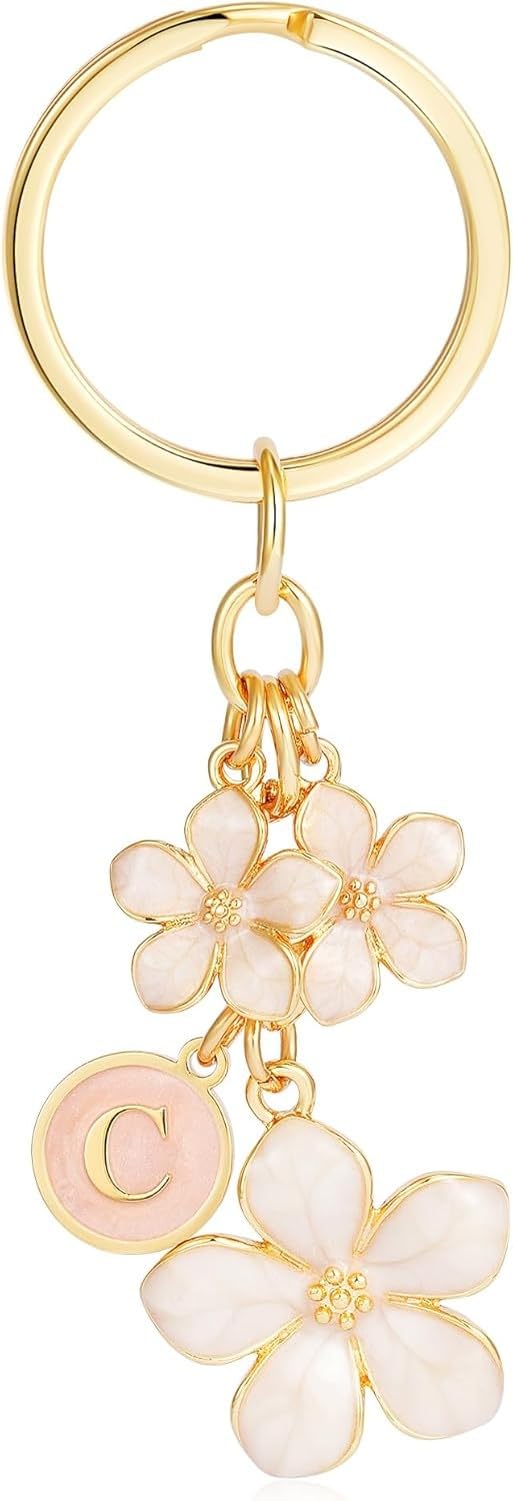 AIEIJJH White Flower Initial Keychain Bag Purse Charm, for 5-10 Year Old Girl Women, C