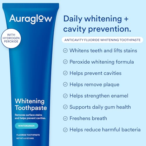Image of Auraglow Whitening Toothpaste, Hydrogen Peroxide Toothpaste with Fluoride, Whitens Teeth, Prevents Cavities, Strengthens Enamel for Adults, Kids Oral Care, Wintergreen Flavor, 4 oz (1 Pack)