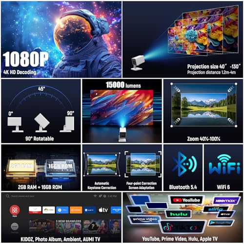 4K Projector, 15000 Lumens LED Mini Projector, Bluetooth & Dual-Band WiFi, Portable Projector for Bedroom with Android 11.0, Auto Keystone, 90° Rotatable for Movie/Gaming - Image 3