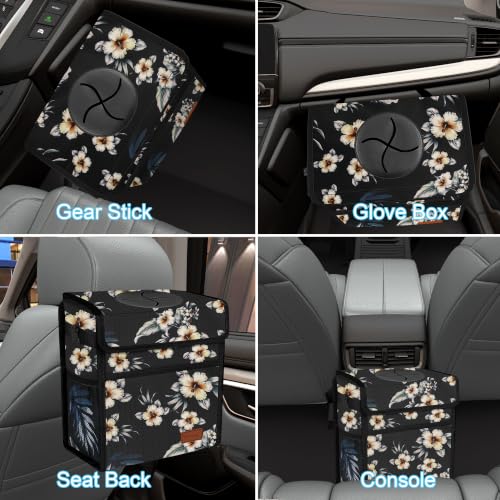 Image of Femuar Leak Proof Car Trash Can with Lid, Collapsible Hanging Waterproof Car Trash Bag with Mesh Pocket for SUV Front Seat Headrest, Large /Hibiscus Flower
