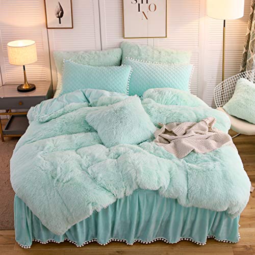 Image of LIFEREVO Luxury Plush Shaggy Duvet Cover Set (1 Faux Fur Duvet Cover + 1 Pompoms Fringe Pillow Sham) Solid, Zipper Closure (Twin, Mint)