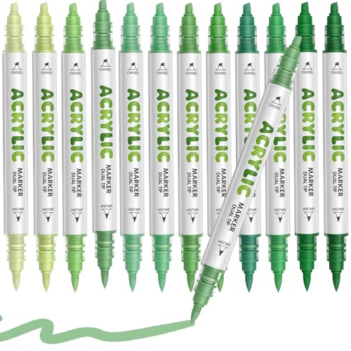 Diyeever Green Acrylic Paint Pens Water Based 12 Colors Dual Tip Acrylic Paint Markers for for Rock Painting Wood Glass Ceramic Canvas Fabric Stone DIY Crafts Making Art Supplies