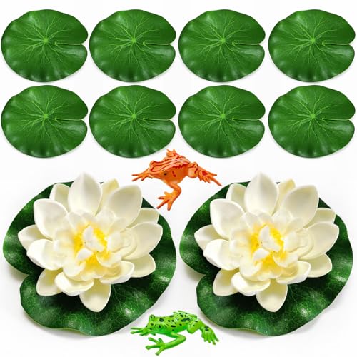 YXGTHGQZ 12PCS Artificial Floating Lily Pads Set 8 Realistic Lily Pads 2 Lotus Flowers & 2 Floating Frogs Pond Pool Fountain Water Feature Decorations