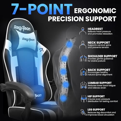 Image of Gaming Chair for Adults Gamer Game Ergonomic PC Chair, 7-Point Support | Pocket Springs & Foam,51cm Wide Seat,Sync Armrests, 90-135 Backrest, PU Leather, Black and White, 400lbs Load