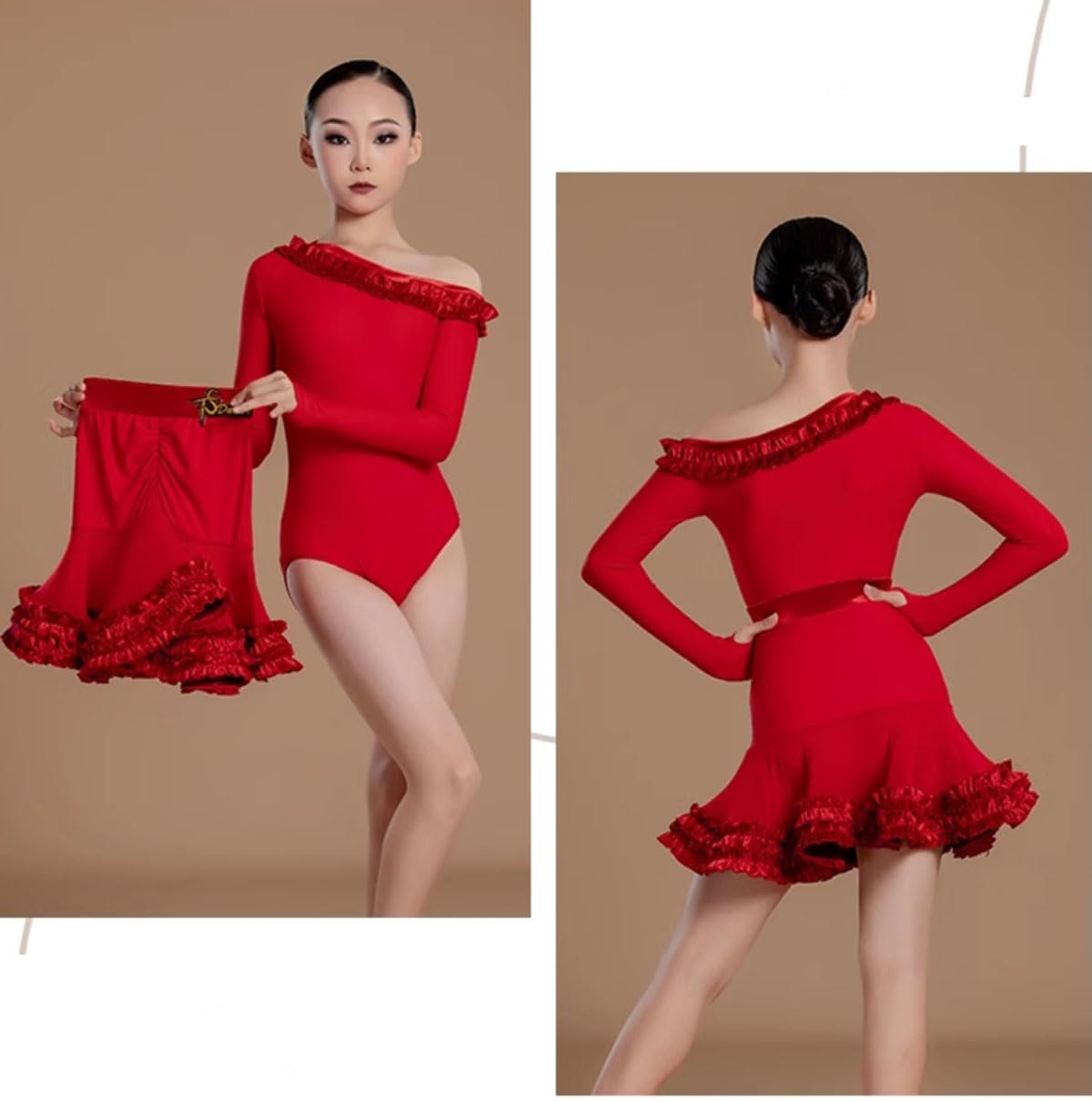 Vestito da Ballo Latino a Maniche Lunghe per Bambine, Gonna da Ballo con Spalle Scoperte per Bambine, Abbigliamento da Spettacolo per Danza Cha Cha Rumba Samba