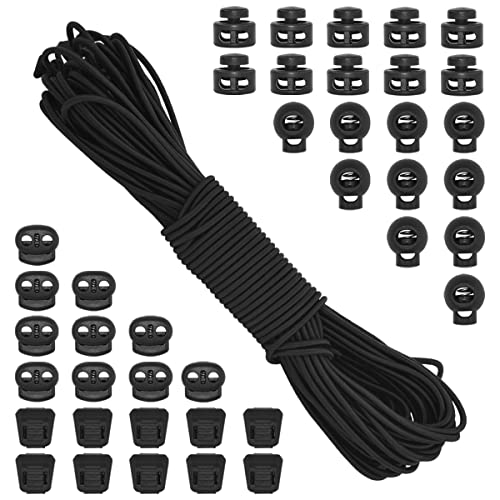 40Pcs Plastic Cord Locks with 1/8-Inch 65ft Elastic Cord Stretch String Sing-Hole and Double-Hole Spring Toggle Stopper Slider for Drawstring, Shoelaces, Clothing, Backpack, Bags