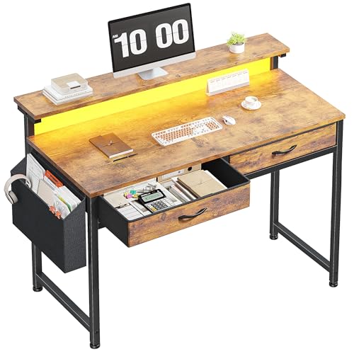 Gaming Desk with LED Lights & 2 Fabric Drawers, 39.4Inch Home Office Computer Desk with Side Pocket & Ergonomic Monitor Stand, Small Space Study Writing Table with Anti-Tip Design, Rustic Brown