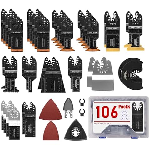 Adust 106 Pack Oscillating Saw Blades with Case, Universal Multitool Blades, Oscillating Tool Blade, Curved Blade/Extra Long/Titanium/Bi-Metal for Wood/Metal/Plastic Fit Dewalt Milwaukee Ryobi Cover