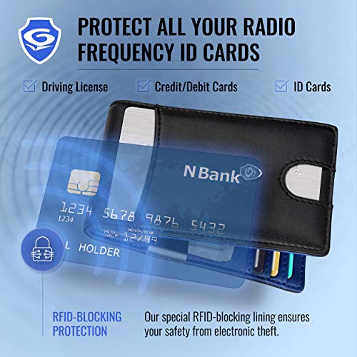 BrandName GILKO Mens Slim Bifold Money Clip Wallet w/Credit Card Holder- RFID Blocking - Leather - Easy Access Slot - Extra Credit Card Bifold - w/Elegant Gift Box. Roei Model - Black/Royal Blue3