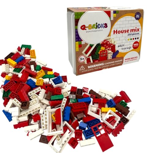 Q-Bricks Set da costruzione con blocchi classici – Set da 250 pezzi – 17 forme tra cui porte, finestre, tegole – 6 colori – scatola riutilizzabile