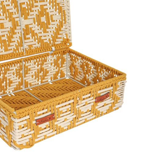Image of Kaahira Handmade Decorative Storage Box and Organiser | Macrame Gift Hamper Box for Cosmetics, Toiletries & Return Gifts | Aesthetic Rope Woven Organizer (Yellow and White, Large - 14x10x4 inches)