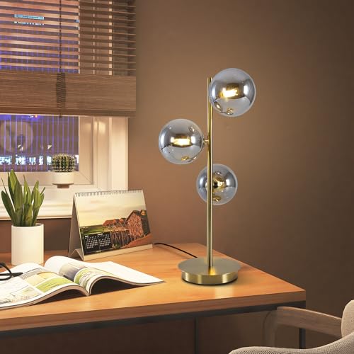 Image of Mid Century Globe Table Lamp, Modern 3 Lights Gold Brass Desk Lamp, Contemporary Smoky Grey Glass Globe Bedside Lamp for Bedroom Living Room Study Room