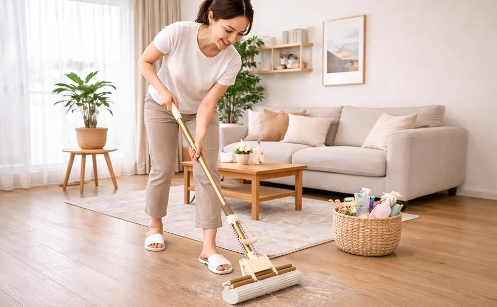 Image of Premium PVA Sponge Mop for Floor Cleaning with Self-Wringing Roller, Super Absorbent Water Absorbing Mop, Extendable Handle, Quick Dry Squeeze Roller for Kitchen, Bathroom