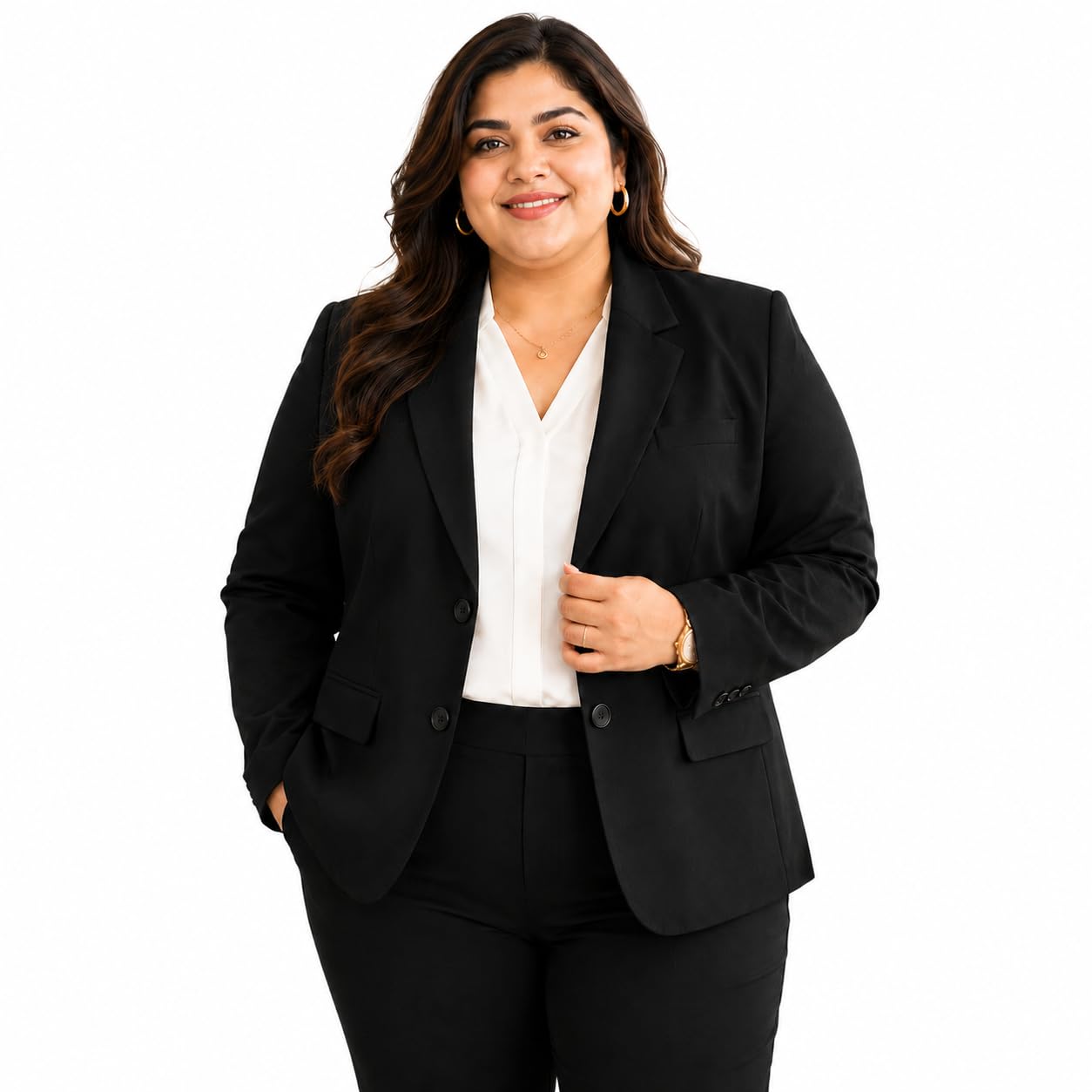 Women's Plus Size Black Formal Blazer, Two-Button Office Jacket-picture-38