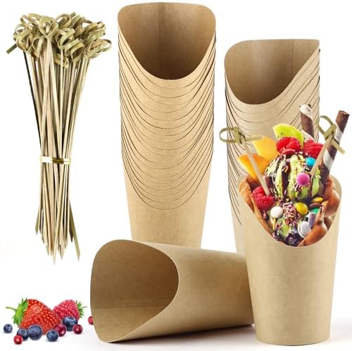 50 Pcs Charcuterie Cups with 100 Cocktail Picks, Disposable 12oz Kraft Paper Snack Cup, Appetizer Cups for Parties