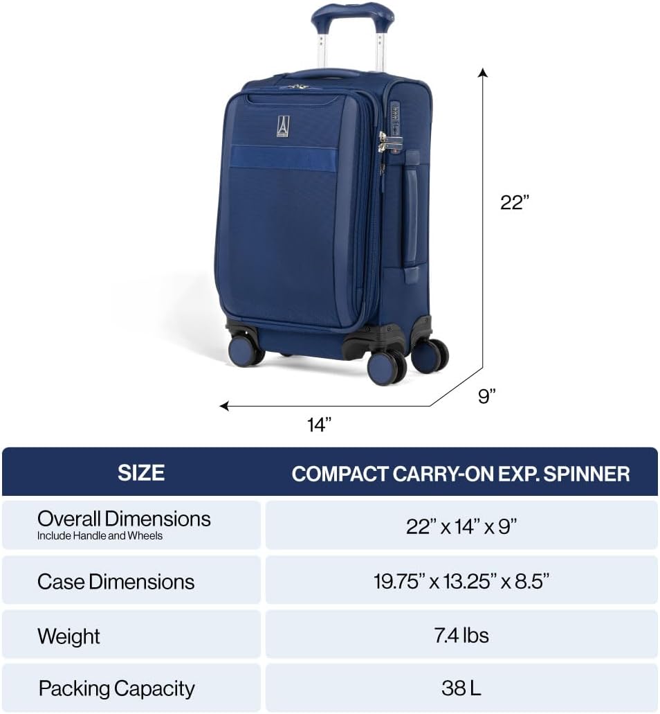Travelpro VersaPack+ Lightweight Softside Expandable Carry on Luggage, 8 Spinner Suitcase, TSA Lock, Men and Women, Compact Carry On 20-Inch, Elemental Blue - Image 2