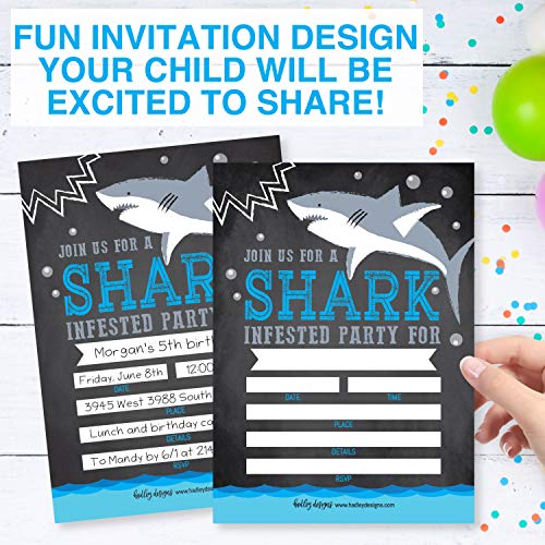 Image of Hadley Designs Kids Birthday Invitations For Boys Shark Theme - 25 Shark Birthday Party Invitations For Boys, Sea Creature Invites For Boy, Cute Ocean Party Supplies, Made In USA