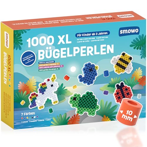 Smowo® Große 10mm Bügelperlen 1000 Stück für Kinder ab 3 Jahren - 7 Bunte Farben XL Steckperlen - Kreatives Perlenset