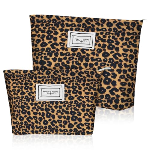 Aucuu Cosmetic Bags, 2 Pcs Leopard Print Cosmetic Bag, Leopard Print Printing Toiletry Bag, Multifunctional Travel Makeup Bag with Metal Zipper for Women Girls Gift