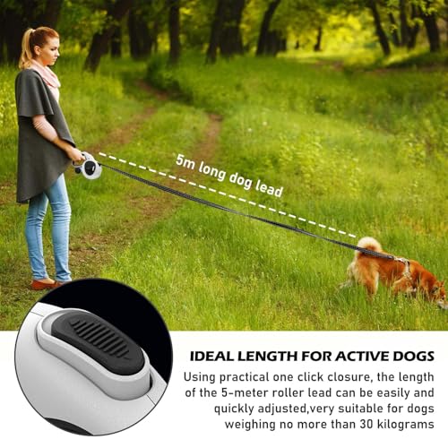 Einziehbare Hundeleine, 5m Hundeleine mit LED-Licht, Rollleine für Hunde bis 50kg, Robuste Haustierleine, Hundetrainingsleine, Hundekotbeutel Spender, Chew Proof Hundeleine für Nachtspaziergänge