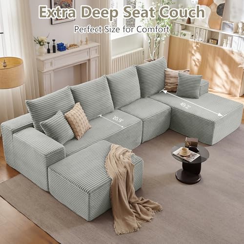 Image of Lakifun 135 inch U-Shape Cloud Couch, Modern Modular Sectional Comfy L-Shape Sofa with Ottoman, Deep Seat, Upholstered Corduroy Sleeper Chaise Longue for Living Room Bedroom, No Assembly Required, Grey