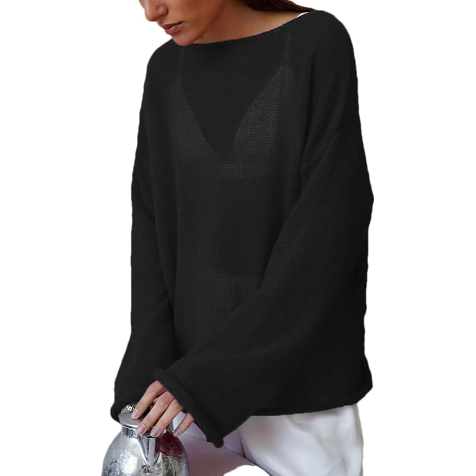 Lierolye Women's Black Sheer Mesh Knit Jumpers Lightweight See-Through Oversized Sweater Casual Long Sleeve Hollow Pullover Top(,M)