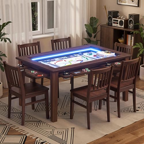 Coperat 63 x 39 Board Game Table with Led Lights for 4-6 Players Dining and Gaming Table Includes Game Mat 6 Cup Holders & Hobby Trays