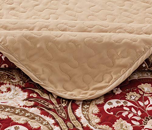 Luxury Home Collection 3 Piece King/California King Quilted Reversible Coverlet Bedspread Set Floral Printed Taupe Red #TOP2