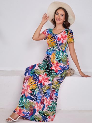 Image of DEARCASE Maxi Dress for Women Short Sleeve Casual Summer Loose Plain Comfy Long Dresses with Pockets