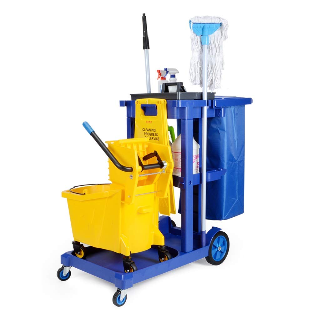 YXX- Grey/Blue 3-Shelf Housekeeping Cart Organizer with Lid & Detachable Bag, Commercial Janitorial Trolley for Cleaning Supplies & Schools (Color : Style-2)