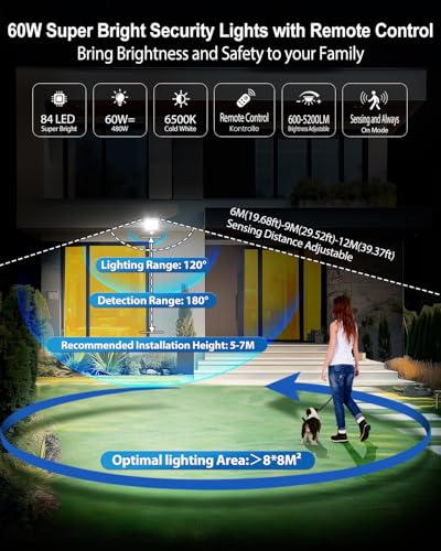 Linke 60W Security Lights Outdoor Motion Sensor, 5640 Lumen LED Floodlights with PIR Sensor, IP66 Waterproof Motion Sensor Outdoor Wall Light with Remote Control for Garden Backyard Garage Doorways - Image 3