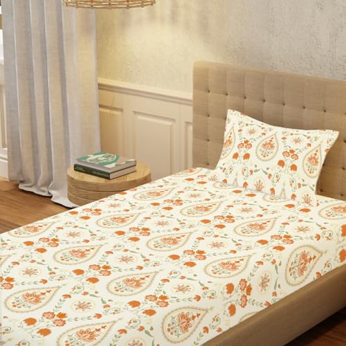Image of Urban Space Serene 200 TC 100% Cotton Floral Bedsheet For Single Bed With 1 Pillow Cover, Single Bedsheet (Persian-Courtyard Buttercream, Size 58 X 90 Inches)