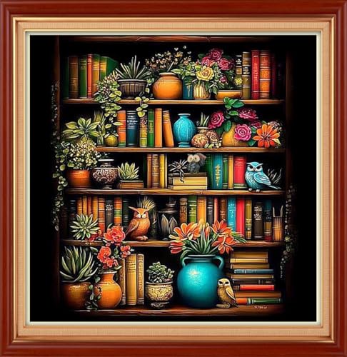 Image of Joyhoor Stamped Cross Stitch Kits for Beginners Needlepoint Kits for Adults Embroidery Kits 11CT Counted Cross Stitch Kits Printed Embroidery Pattern-Bookshelf Flowers 18x18 inch