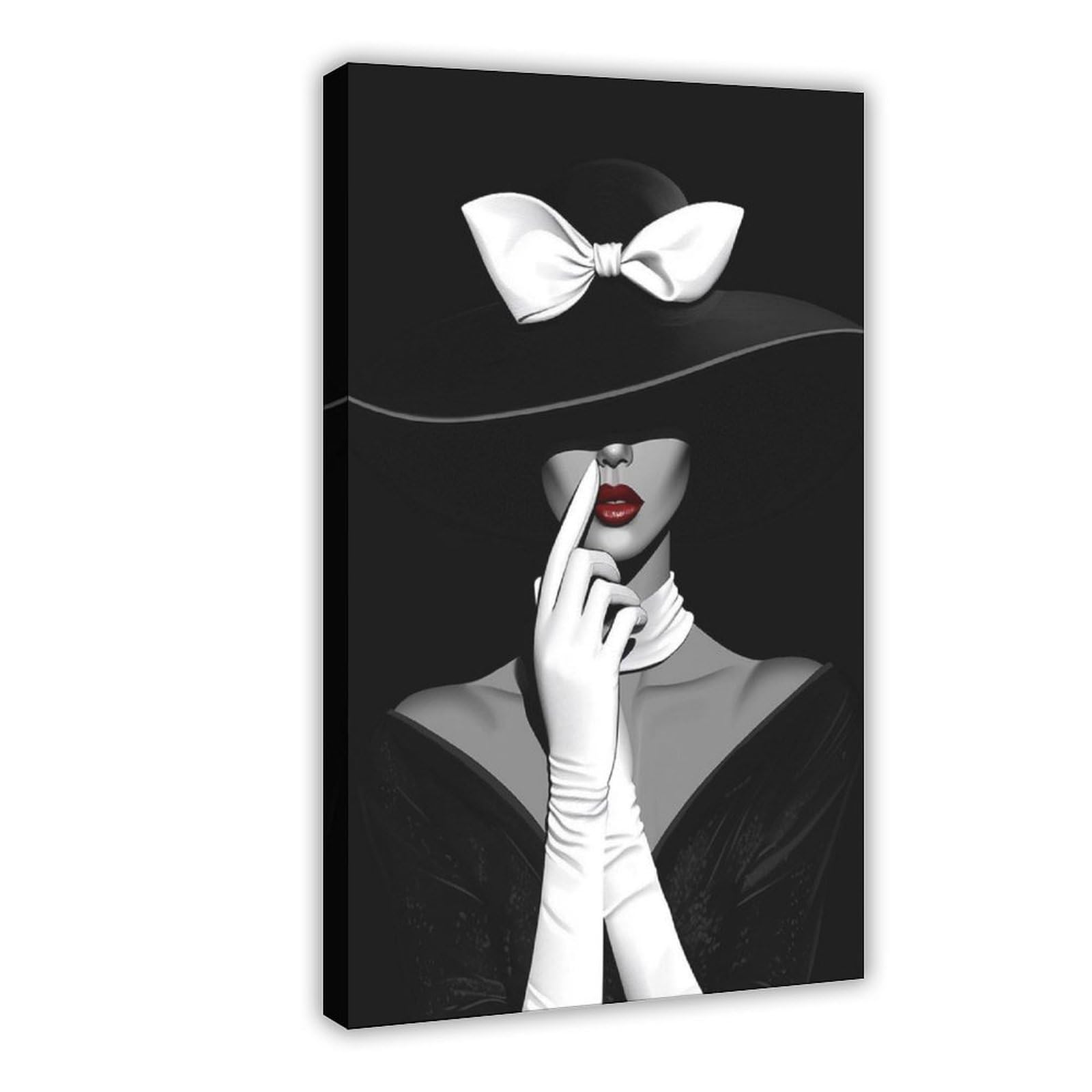 Wjwart Chic Woman In Black Hat With White Gloves And Red Lips Canvas Poster Bedroom Decor Landscape Decor Gift 12X18inch(30X45cm)
