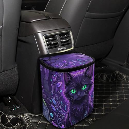 Image of Talayituse Purple Cat Forest Leaf Print Car Trash Can Portable Auto Garbage Bin Multifunctional Vehicle Interior Accessories with Adjustable Straps Universal Fit Truck SUV Sedan