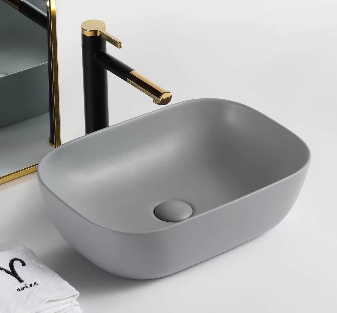 MAHISRE Ceramic Countertop Wash Basin | Designer Table Top Bathroom Basin Sink | Vessel Sink Wash Basin Over Counter for Bathroom, Hotel, Home Living Room (18x13x5.5 Inch) (Matte Grey)