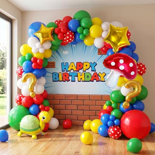Super Bros Balloon Arch Kit Yellow Blue Green Red White Balloon Garland with Star Mushroom Turtle Question Mark Balloons for Video Game Birthday Party Decoration