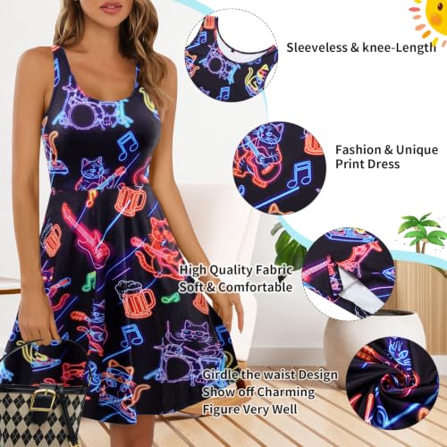 Image of uideazone Women Funny Print Sleeveless U Neck A Line Casual Midi Dress | Soft Stretchy Breathable Fabric Flared Swing Sundress Fitted Waist for Daily Wear 80 /90s Themed Party Beach Vacation Trips