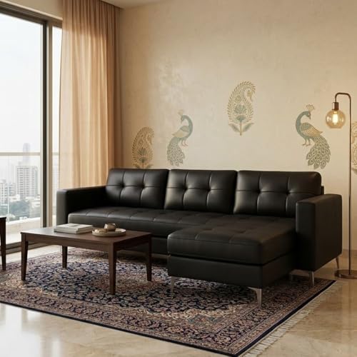 Image of CASASTYLE Creamoy 4 Seater L Shape Sofa Set with Movable Ottoman | Flexible Left or Right Layout | Premium Leatherette | Soft Touch Seating | Durable & Comfort Ideal Sofa for Living Room (Black)